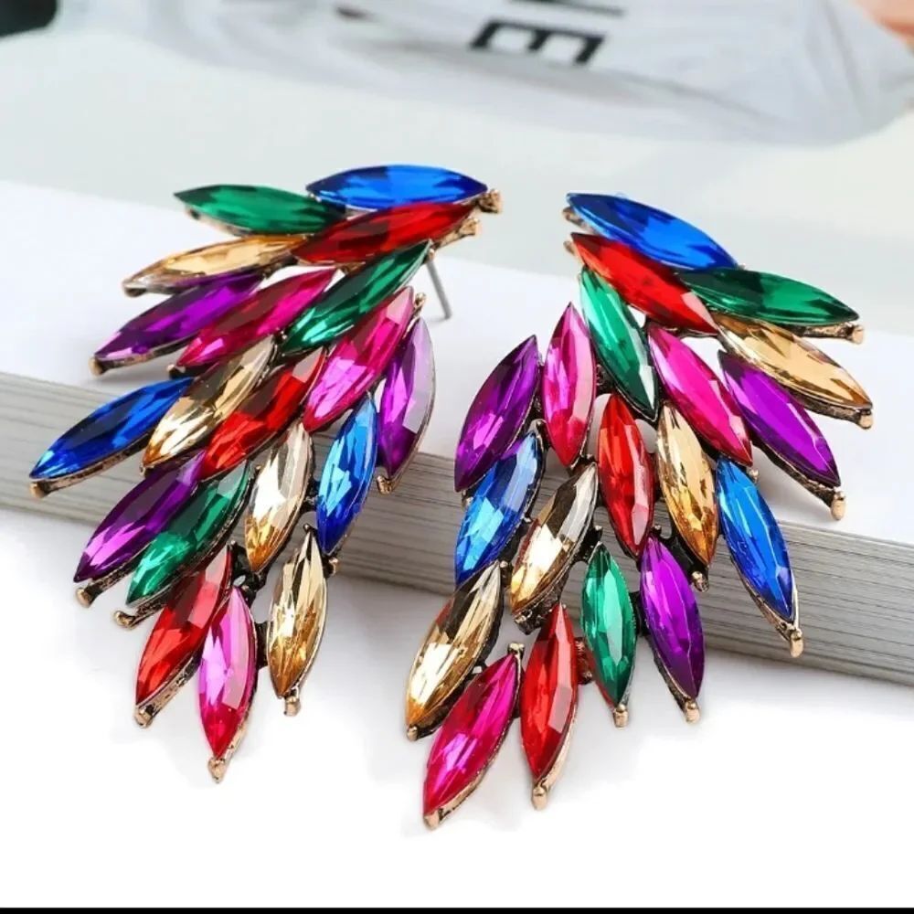 Multi Colored Jeweled Feathers Stud Earrings